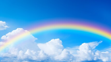 A vibrant, smiling rainbow against a blue sky