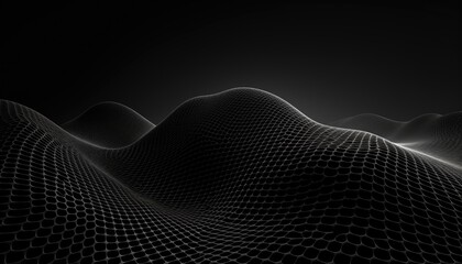 Perspective distorted black grid. Digital background with wireframe wave