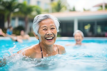 Fototapeta premium Women enjoying water swimming pool, Active senior people fitness class