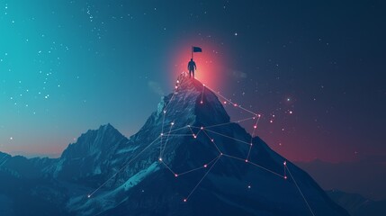 Technology dark blue backdrop with peaks and stars, representing a digital mountain with a flag and a professional climbing businessman at the top. - obrazy, fototapety, plakaty