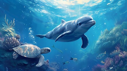 dolphin gazing at you while submerged on a reef