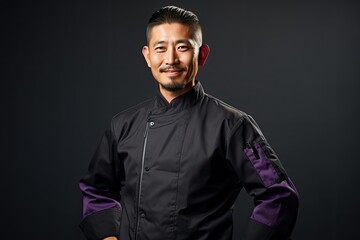 Obraz premium Japanese chef in a black japanese jacket uniform with purple details 