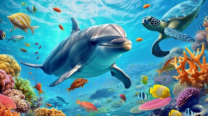 dolphin gazing at you while submerged on a reef