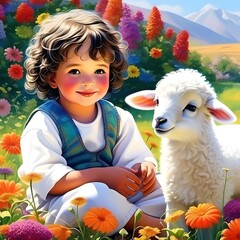  A child sitting with a young sheep in the wilderness