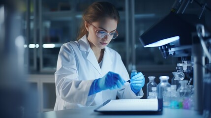 Modern Medical Research Laboratory: Female Scientist Working with Micro Pipette, Using Digital Tablet for Test Sample Analysis. Advanced Scientific Lab for Medicine, Biotechnology Development