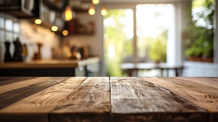 Interior of a kitchen bench with bokeh and an empty wooden table