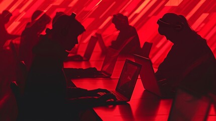 Abstract digital symbols and anonymous hackers with computers in crimson shadows