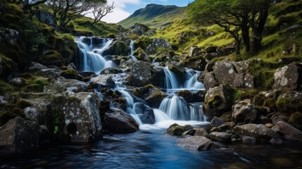 A cascading waterfall in a serene, remote location