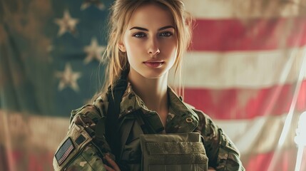 Fearless young servicewoman in a camouflage military outfit with the US flag on it, posing against a studio backdrop like an army soldier.
