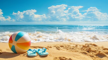 Summer vacation concept: flip-flops, beach ball, and snorkel on the sand. - obrazy, fototapety, plakaty