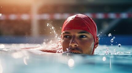 The swimmer wore a bright red swimming cap, gliding effortlessly through the crystal-clear water 