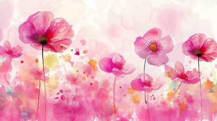 Watercolor painting of a floral background with a pink summer design - obrazy, fototapety, plakaty