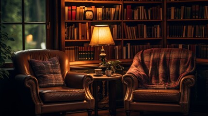 A library interior with cozy armchairs and reading lamps