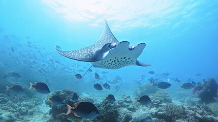 Pelagic manta ray (Manta birostris) and coral fish over coral reef, Maldives, Indian Ocean, Asia - obrazy, fototapety, plakaty