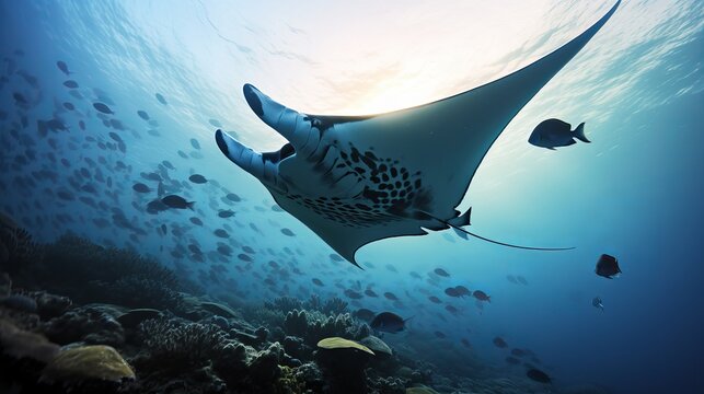 Pelagic manta ray (Manta birostris) and coral fish over coral reef, Maldives, Indian Ocean, Asia