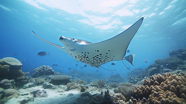 Pelagic manta ray (Manta birostris) and coral fish over coral reef, Maldives, Indian Ocean, Asia