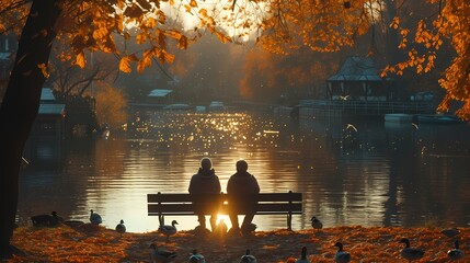 A couple sitting on a bench by the lake, feeding ducks and sharing inside jokes