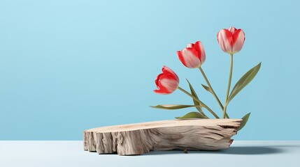 A minimalistic scene of a felled tree with tulip flowers on a light blue background. generative ai