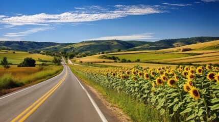 Fototapeta na wymiar A road surrounded by lush fields of sunflowers