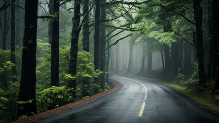 Obraz premium A road through a dense, misty forest