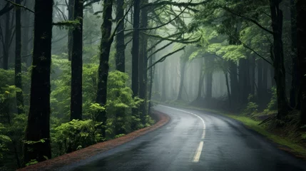 Zelfklevend Fotobehang A road through a dense, misty forest © Cloudyew