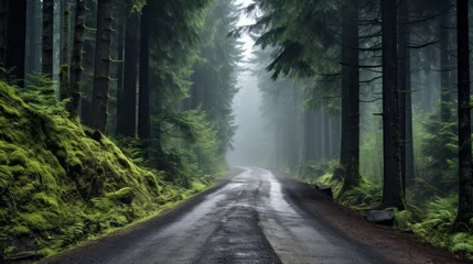 Fotobehang A road through a mystical, forcovered forest © Cloudyew