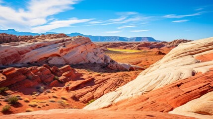 A rocky desert landscape with colorful sandstone formations
