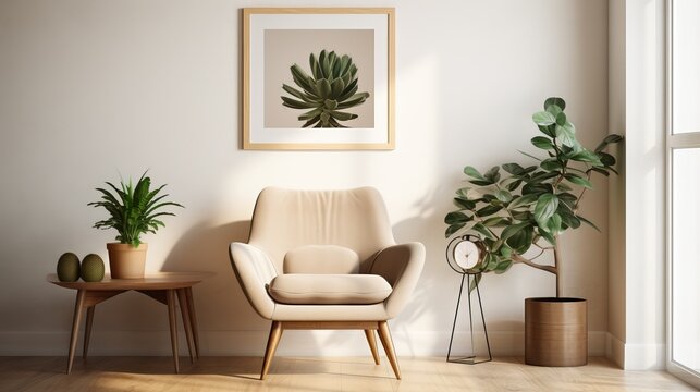 Retro interior design of living room with stylish vintage chair and table, plants, cacti, personal accessories and gold mock up poster frame on the beige wall. Elegant home decor. Template.