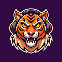 tiger head mascot for gaming e-sport logo. cartoon tiger wearing a headphone vector illustration