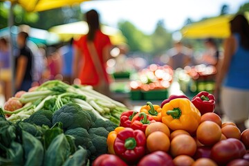 A close-up shot of a person's hand holding a reusable shopping bag with vegetables in the background at a local farmers market