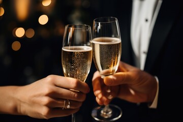 A close-up of clinking champagne glasses, capturing the effervescence of love and the joy of celebrating special moments together