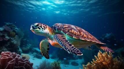 Fototapeta na wymiar Sea Coral Turtle Underwater World Top view for 3d floors water nature fish sea coral egypt red sea