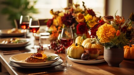 Fototapeta na wymiar A thanksgiving table adorned with autumnal decor