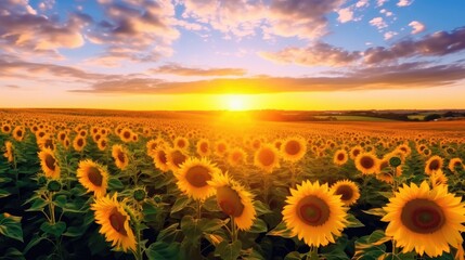 Fototapeta premium A field of blooming sunflowers, sweeping panorama, 