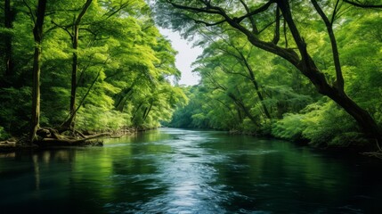 A tranquil river with a canopy of lush green trees