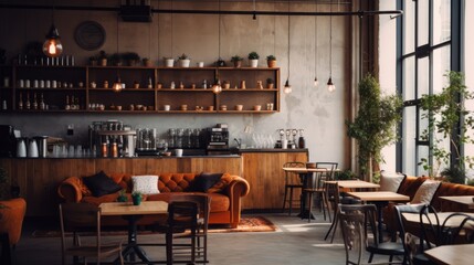A trendy cafe with hipster decor and coffee cups - obrazy, fototapety, plakaty