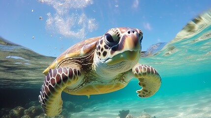 Obraz premium Sea turtles swims underwater. Underwater sea turtles. Sea turtles underwater scene. Sea turtle underwater closeup