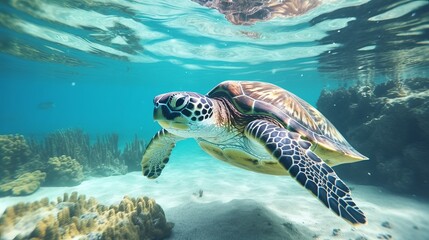 Fototapeta premium Sea turtles swims underwater. Underwater sea turtles. Sea turtles underwater scene. Sea turtle underwater closeup