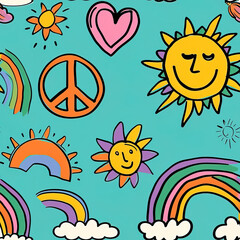 Fototapeta na wymiar Hippie peace and love colorful cartoon doodles 1970s 1960s 60s groovy rainbow psychedelic cute abstract repeat pattern