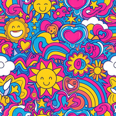 Obraz premium Hippie peace and love colorful cartoon doodles 1970s 1960s 60s groovy rainbow psychedelic cute abstract repeat pattern