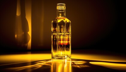 shiny glass bottle illuminated by yellow lighting