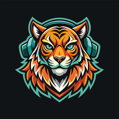 tiger head mascot for gaming e-sport logo. cartoon tiger wearing a headphone vector illustration