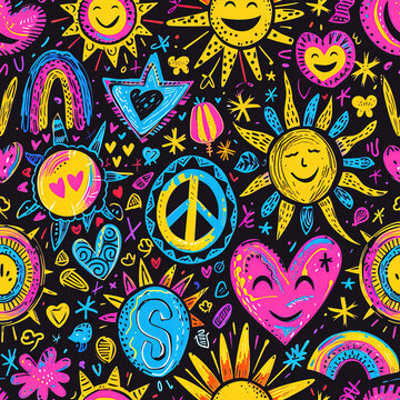 Hippie peace and love colorful cartoon doodles 1970s 1960s 60s groovy rainbow psychedelic cute abstract repeat pattern