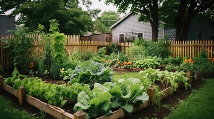 A lush, green vegetable garden with a variety of plants and a small wooden fence