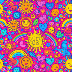 Hippie peace and love colorful cartoon doodles 1970s 1960s 60s groovy rainbow psychedelic cute abstract repeat pattern