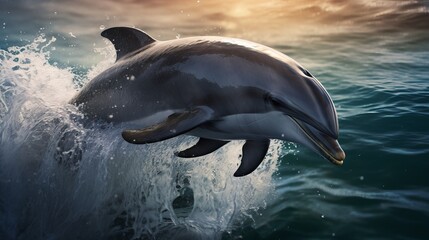 Two dolphins underwater and breaking splashing wave above them