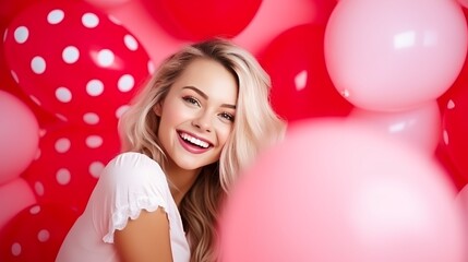 Obraz na płótnie Canvas Valentine Beauty girl with red and pink air balloons laughing, on pink polka dots background. Beautiful Happy Young woman. holiday party. Joyful model posing, having fun, celebrating 