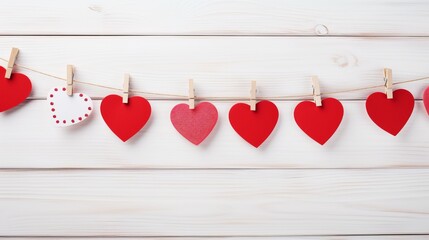 Valentine background with sewed pillow hearts row border on red clothespins at rustic white wood planks. Happy lovers day card mockup, copy space, vertical composition