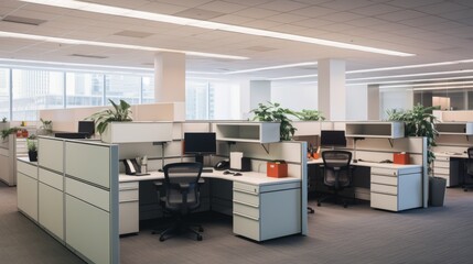 Office cubicles with organized workstations