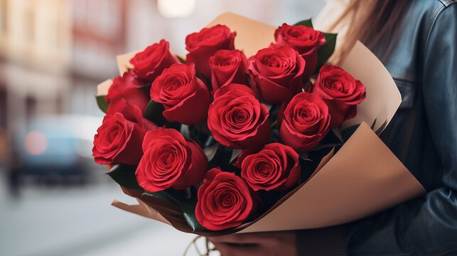 Unexpected moment in routine everyday life! Cropped photo of man's hands hiding holding chic bouquet of red roses and gift with white ribbon behind back, happy woman is on blurred background